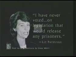 ["In this political advertisement, it is claimed that Liz Patterson has repeatedly voted for the early release of violent criminals, citing specific legislative acts in 1983 and the previous year that purportedly led to thousands of criminals being freed. The ad also suggests a political alignment with Michael Dukakis, contrasting her unfavorably with George Bush and implying a lack of safety under her policies."]