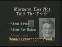 ["In this political advertisement, it is claimed that Dennis Eckert responded to criticism of his political record by lying and launching personal attacks, which include giving himself six pay raises, voting for weaker drug laws 20 times, and ranking last in bringing back government services. The ad suggests that blaming others is not the conduct of a gentleman, implying that Eckert's actions are unbecoming of his position."]