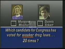 ["In this political advertisement, it is highlighted that Dennis Eckert, a congressional candidate from Northeast Ohio, has voted for weaker drug laws 20 times, awarded himself six pay raises totaling $30,000 over eight years, and is ranked last in bringing back government services. The ad questions whether Eckert's record truly represents reliable leadership."]