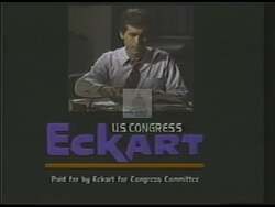 ["In this political advertisement, multiple newspapers endorse Congressman Dennis Eckert, highlighting his effectiveness and strong record, while criticizing Margaret Mueller's campaign as negative and full of innuendo. The ad emphasizes Eckert's integrity, experience, and leadership as unanimously supported by the press."]