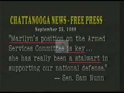 ["In this political advertisement, Senator Sam Nunn and Senator Al Gore endorse Marilyn Lloyd for her significant role and strong stance on national defense as a member of the Senate Armed Services Committee, highlighting her contribution to East Tennessee's pride and America's strength. The ad promotes Marilyn Lloyd for Congress as a champion of a robust national defense."]
