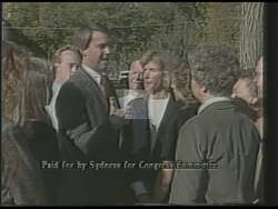 ["The 1988 political TV ad for Republican candidate Steve Sydness spotlights his North Dakota roots and values, emphasizing his dedication to local issues. Featuring scenes of Sydness at a farm, speaking at a podium with enthusiastic crowds, and with his family, the ad portrays him as confident, sincere, and deeply connected to North Dakota, aiming to prioritize state interests."]