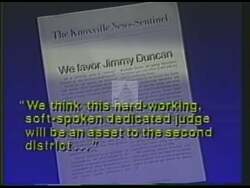["In the 1988 political TV ad for John James Duncan Jr.'s presidential campaign, various scenes showcase his interaction with supporters and his engaging, earnest public addresses. Duncan exemplifies relatable leadership, appearing confident and dedicated while demonstrating a commitment to community values, reflecting the legacy of his father throughout his campaign events."]