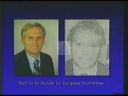 ["In the 1988 political TV ad, Republican John James Duncan's campaign features positive visuals and slogans that portray Duncan assertively. The ad contrasts his policies and personality with opponent Dudley Taylor, aiming to highlight Duncan's qualifications and vision, thereby appealing to voters through sharp visual and juxtapositional strategies."]