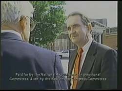 ["In the 1988 presidential campaign ad, Republican candidate Robert Charles Hawkins presents himself as a determined, confident leader, emphasizing strong conservative values. Scenes show Hawkins engaging with diverse factory workers, addressing enthusiastic crowds at various rallies, and promoting his policy plans, all against a backdrop of American flags and campaign banners."]