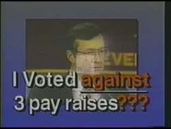 ["In Kevin J. Hermening's 1988 presidential campaign ad, he significantly criticizes his opponent Obie, stating on public record, financial inconsistencies particularly highlighting Obie���������s salary increases in 1987 that contradict his public declarations. It displays a heated debate scene where an angry man points accusatorily, suggesting deep-seated political discord watched by an attentive audience."]