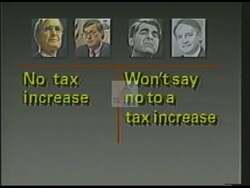 ["In this political advertisement, the Republican candidates George Bush and Ed Romain are presented as opposed to tax increases and ocean dumping, positioning themselves as solution-oriented leaders. Conversely, their opponents Michael Dukakis and George Hochbrckner are depicted as supportive of tax increases and ocean dumping, thus contributing to ongoing problems."]
