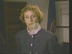 ["In her 1988 campaign ad, State Senator Lana Pollack is seen vigorously defending her patriotism across multiple scenes. Pollack passionately addresses and denounces accusations made by her opponent, Congressman Carl Purcell, concerning her national loyalty. Emphasizing her deep personal and familial ties to American values, she criticizes Purcell's unfair allegations in a series of compelling speeches."]
