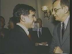 ["The 1988 political TV ad for Democratic candidate Paul Kanjorski showcases him addressing various attentive audiences. He speaks in legislative chambers and formal settings, consistently projected as a wise, respected, and confident leader. The scenes emphasize his influential discourse, dedication, and capable leadership within national settings, targeting a diverse electorate."]