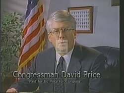 ["In the 1988 campaign ad, Democratic candidate David Eugene Price prominently features scenes of serious discussions on the national deficit. Highlighting bipartisan cooperation, the ad showcases various speaker settings including debates and conferences. Tom Fetzer prominently appears, emphasizing the non-partisan importance of addressing the fiscal challenges facing America."]