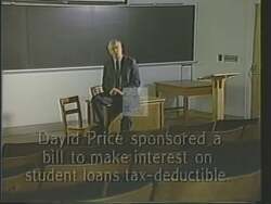 ["In a 1988 campaign ad, Democratic candidate David Eugene Price showcases his commitment to education reform. Throughout various scenes, he addresses crowds from school podiums, passionately advocating for affordable college, enhanced school safety, improved academic programs, and robust student loan solutions. His speeches emphasize support for students and families, highlighting his legislative focus on bettering education."]
