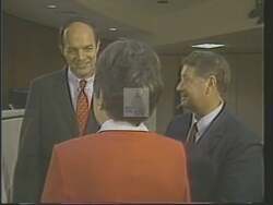 ["The 1988 political TV ad for Democratic presidential candidate Jim Leventis features him engaging passionately with various community groups. Showcasing his charisma and leadership, Leventis speaks confidently about fiscal responsibility, community service, and governance at multiple events, often highlighted by the enthusiastic response from supporters. The ad emphasizes his commitment and dedication to leadership."]