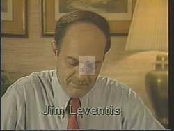 ["The 1988 political TV ad for Democratic candidate Jim Leventis focuses on fiscal responsibility and government spending. Through multiple scenes of Leventis at a podium, the ad emphasizes his strong advocacy for federal budget reforms, balanced budget amendments, and addressing the national deficit, underscoring his commitment to financial restraint and economic stability."]