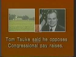 ["In the 1988 political ad for Democratic candidate Eric Tabor, Congressman Tom Talkie is depicted at a podium. The ad contrasts Talkie's public refusal of a smaller pay raise with his private acceptance of a larger $12,000 increase, spotlighting hypocrisy and discrepancies in his financial ethics."]