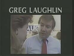 ["In the 1988 campaign ad, Greg Laughlin is portrayed as a strong, independent Texas Democrat. Scenes show him confidently standing against American and Texas flags, addressing constituents assertively, and engaging voters from a podium. The ad emphasizes his dedication and determination to represent Texans independently."]
