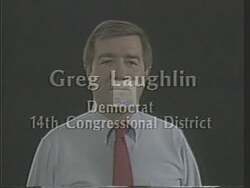 ["In the 1988 political TV ad, Democratic candidate Greg Laughlin directly addresses voters against simple settings, earnestly criticizing the negative tactics of his opponent, Mack Sweeney. Featuring backdrops of the U.S. flag and Texas iconography, Laughlin emphasizes unity and improvement for Texas, and appeals for voter support while condemning political negativity."]