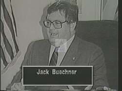 ["In the 1988 political TV ad for Democratic candidate Robert H. Feigenbaum, the ad strategically highlights the legal controversies surrounding Republican Congressman Jack Buechner, portraying him in a negative light. Frames within the ad depict Buechner amidst allegations of fraud and legal malpractice, underscoring his troubled or contemplative demeanor."]
