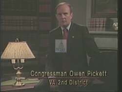 ["The 1988 campaign ad for Democratic Party candidate Owen Bradford Pickett features multiple scenes emphasizing his legislative achievements and commitments. Speaking earnestly from both his office and podiums at lively campaign events, Pickett seeks re-election by highlighting his dedication, successful fulfillment of promises, and continuous service, asking for voters' support to maintain trust and accountability."]