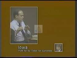 ["The 1988 Democratic Party campaign ad for Eric Tabor targets opponent Tom Talkie, emphasizing his political inconsistencies. Through a series of scenes showing contradictory statements and actions in split-screen format, the ad portrays Talkie as hypocritical and duplicitous, highlighting discrepancies between his promises in Iowa and actions in Washington."]