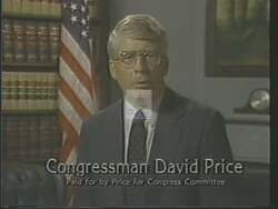 ["In his 1988 campaign TV ad, Democratic candidate David Eugene Price deflects attacks from his opponent by consistently referencing a letter from Ronald Reagan. Throughout the ad, Price repeatedly holds up Reagan's letter to counter false claims about his tax and fiscal records, emphasizing his commitment to factual discourse and bipartisan deficit reduction."]