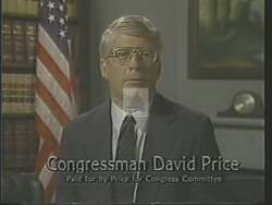 ["In the 1988 political TV ad, Democratic candidate David Eugene Price firmly defends his tax record against opponent Tom Fetzer���������s accusations. Price speaks directly to the camera, emphasizing facts and bipartisan support, and criticizes Fetzer for spreading misleading information about his fiscal policies. The ad focuses on correcting misrepresented tax claims."]