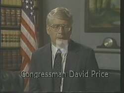 ["In a 1988 TV ad, Democratic candidate David Eugene Price vocally counters opponent Tom Fetzer's distortions, defending his factual legislative record and bipartisan efforts. He emphasizes his commitment to truth and fiscal responsibility, refuting claims about tax increases and stressing Ronald Reagan's endorsement of his bipartisan approach."]