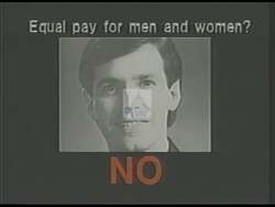 ["In the 1988 political TV ad for Democratic candidate David J. Swarts, Bill Paxson is portrayed negatively, highlighted as an extremist opposing popular bills and consumer protections. Multiple frames illustrate Paxson at a podium, in legislative settings, and giving speeches, all emphasizing his controversial and unpopular stances against public interest."]