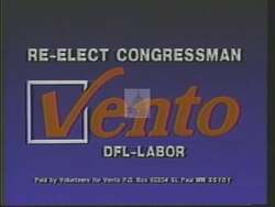 ["In his 1988 campaign ad, Democratic Congressman Bruce Frank Vento emphasizes his commitment to education, healthcare, and environmental issues. Addressing the camera earnestly from various settings, Vento seeks voter support for his re-election, pledging to continue advocating for these critical initiatives and emphasizing his ongoing dedication to public service."]