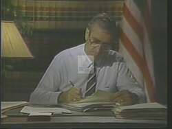 ["In the 1988 political TV ad for Democratic candidate John William Hughes, the central theme shows him working alone, meticulously in a vacant, dimly-lit congressional chamber. Repeated scenes underscore his dedication and solitary commitment to leadership, emphasizing his focused work ethic and solitary efforts late at night on behalf of South Jersey."]