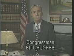 ["In the 1988 campaign ad for John William Hughes, scenes depict him as a sincere, committed politician speaking passionately about his leadership and integrity. Standing at podiums with American flags, he addresses constituents about his legislative achievements, regional job growth, and his dedication to fulfilling promises and improving community trust."]