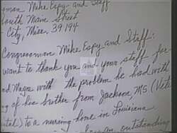 ["In the 1988 political TV ad for Democratic Party candidate Mike Espy, scenes depict him attentively reading and handling constituent letters in his office. The letters are expressions of gratitude from constituents who have sought and received assistance. The ad reinforces Espy's image as an engaged and responsive congressman."]