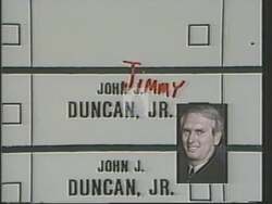 ["The 1988 Democratic political ad targets John J. Jimmy Duncan, Jr., highlighting his alleged corruption and self-serving actions. The ad uses multiple scenes with text overlays and headlines to detail and underscore Duncan's controversial record. It portrays him negatively, emphasizing accusations and investigations in a classic negative campaign ad style."]