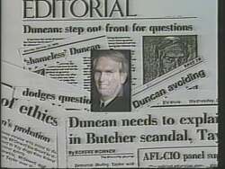 ["In the 1988 campaign ad for Dudley W. Taylor, the main focus is on his opponent, Jimmy Duncan Jr., depicted in a negative light. The scenes repeatedly show Duncan evading and appearing uncomfortable under the intense scrutiny of reporters, who bombard him with questions about various legal and ethical issues. The ad emphasizes his evasion and distress, aiming to cast doubt on his suitability for office."]
