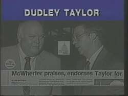 ["In his 1988 political ad, Democratic candidate Dudley W. Taylor presents himself as a committed leader with a strong military background, emphasizing his resolve to enhance job opportunities and education. Wearing both formal and pilot attire, he pledges robust leadership and dedicated service to enhance community values and secure a prosperous future for East Tennessee in Congress."]