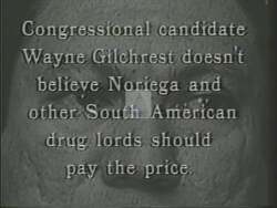 ["The 1988 political TV ad for Democratic candidate Roy Dyson features intense imagery and scenes criticizing opponent Wayne Gilchrist's stance on the drug war. It underscores the gravity of the drug crisis with visuals of General Manuel Noriega and scenes portraying drugs, violence, and suffering. The ad accuses Gilchrist of being lenient on drug lords and opposes his anti-military view."]