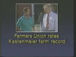 ["In the 1988 political ad, Democratic candidate Bob Kastenmeier demonstrates his unwavering commitment to agricultural interests. The ad showcases various scenes including Kastenmeier speaking at podiums, interacting with farmers, receiving awards, and being highly commended by agricultural organizations. His consistent advocacy for farmers is emphasized through endorsements and positive ratings displayed throughout the campaign."]