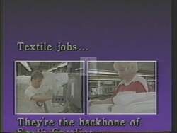 ["The 1988 political TV ad for Democratic Party candidate Butler Carson Derrick emphasizes the negligence of his opponent, Henry Jordan, towards South Carolina's crucial textile industry. The ad features multiple scenes of bustling textile factories and focused workers, contrasting with Jordan's apparent indifference as he speaks at a rally and campaigns, underlining the message of Derrick's commitment to the industry and local jobs."]