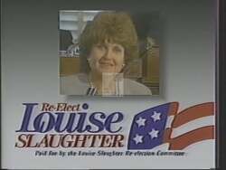 ["The 1988 TV ad for Louise McIntosh Slaughter's presidential campaign featured positive endorsements. It highlighted her effectiveness and influence in Congress, showcased through complimentary newspaper headlines. Scenic frames of her at rallies and in a news studio conveyed her confidence and passion, reinforcing her strong public and media support."]