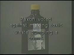 ["The 1988 campaign ad for David J. Swarts targets his political opponent Bill Paxson, painting him as a dangerous politician due to his legislative record. The ad emphasizes Paxson's votes against environmental and public safety laws with dramatic visuals including warning signs and urgent text overlays, suggesting that Paxson's policies pose a significant risk to public health and safety. The tone is alarmist and highly critical."]