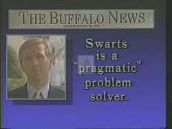 ["In David J. Swarts' 1988 campaign ad, key newspaper headlines prominently endorse him while simultaneously criticizing his opponent, Bill Paxson. Highlighting Swarts' praised pragmatism and advocacy, the video effectively contrasts positive endorsements for Swarts with negative reviews of Paxson, underscoring a clear choice for voters through reputable media backing."]