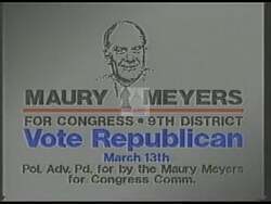 ["In a 1990 political TV ad, Republican candidate Maurice Meyers earnestly appealed for voter support in his Congressional campaign. Throughout the ad, he emphasizes themes of unity, success, teamwork, and recovery. He made direct appeals for votes while standing confidently in various settings adorned with campaign banners, American flags, and campaign posters. His focus on job creation, tax cuts, and reducing unemployment were highlighted as his key objectives."]