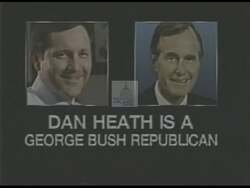 ["In the 1989 presidential campaign ad for Republican Dan Heath, contrasting political views are highlighted between Heath and Democrat Jill Long. The ad showcases differing endorsements, ideological stances, and policy alignments, underlining Heath's support for Bush's policies against Long's opposition, aiming to sway voters in a heated special election."]