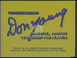 ["The 1990 political TV ad features Republican candidate Congressman Don Young intensely focused on drafting environmental legislation aimed at preventing oil spills, demonstrating his committed and proactive leadership. Throughout the ad, Young is portrayed in various scenes at his desk surrounded by documents and environmental books, symbolizing his dedication to environmental protection in Alaska."]