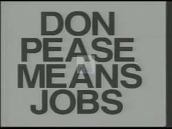 ["In the 1990 presidential campaign ad, Democratic candidate Donald James Pease is shown engaging with citizens, highlighting his connection with workers by shaking hands in an industrial setting and speaking to a crowd about promoting policies that would enhance job growth in Northern Ohio."]