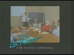 ["In the 1990 presidential campaign ad, Democratic candidate Larry LaRocco emphasizes his commitment to enhancing Idaho's educational system. The video scenes show him interacting with children and addressing crowds, advocating for investment in education funded by lottery profits, thereby ensuring better education without additional taxpayer burden. His confident demeanor underscored his dedication to financial strategy and educational improvement."]