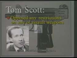 ["In the 1990 political TV ad, Democratic candidate Rosa L. DeLauro emphatically supports the ban on assault rifles, aligning her stance with that of police chiefs and officers who appear endorsing her. The ad contrasts her position with that of her opponent, Tom Scott, who is shown opposing such restrictions and holding an assault gun. The scenes, featuring police in operation and at rallies, underline the narrative of safety and law enforcement support for DeLauro's policies."]