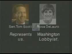 ["In the 1990 campaign ad, Republican Tom Scott is presented as a local politician with conservative values, contrasting sharply with \"liberal, Washington candidate\" Rosa DeLauro. The ad emphasizes their policy differences and portrays DeLauro as an outsider, aiming to appeal to voters' local loyalties and conservative preferences."]