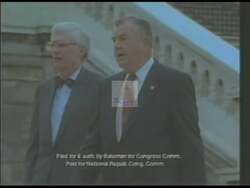 ["In the 1990 campaign ad, Republican Herb Bateman stands confidently across various shipyard scenes, promoting a staunch commitment to national defense and job creation through military projects. Addressing crowds and speaking in an office setting, Bateman emphasizes bolstering defense to protect and provide for Virginia, symbolized by military ships and submarines."]