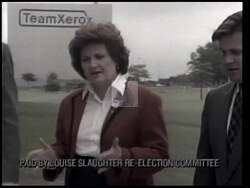 ["In her 1994 presidential campaign ad, Democratic candidate Louise McIntosh Slaughter emphasizes her commitment to economic growth and effective leadership. The ad showcases Slaughter speaking at various events, confidently engaging with diverse groups and highlighting her achievements. Scenes of enthusiastic crowds and positive testimonials reinforce her message of success and dedication in boosting the economy."]