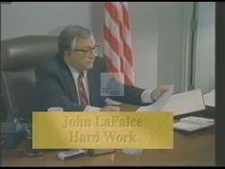 ["In a 1994 campaign ad, Democratic Presidential candidate John Joseph LaFalce highlights his leadership in revitalizing companies. The ad features multiple scenes of LaFalce at various podiums, confidently discussing economic successes, receiving multiple business awards, and engaging with enthusiastic employees and audiences. The consistent backdrop of company achievements underlines his message of proven success and effective management."]